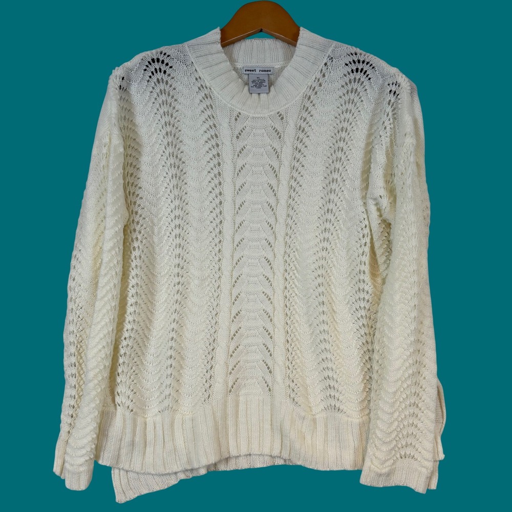 Cottagecore Womens XL Cream White Pointelle Knit Chevron Pullover Sweater Boho